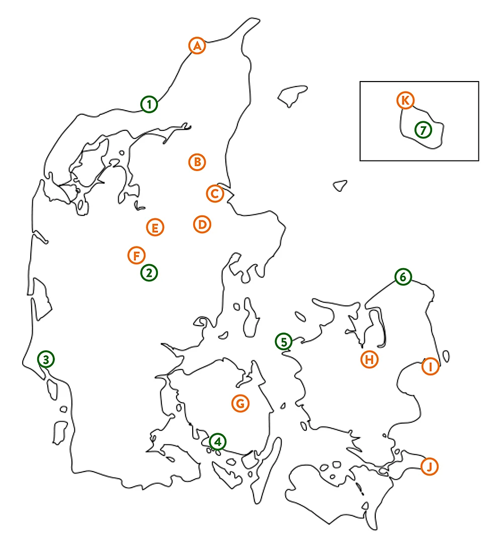 Danmarkskort hvor interessante trailspots er markeret med tal og bogstaver.