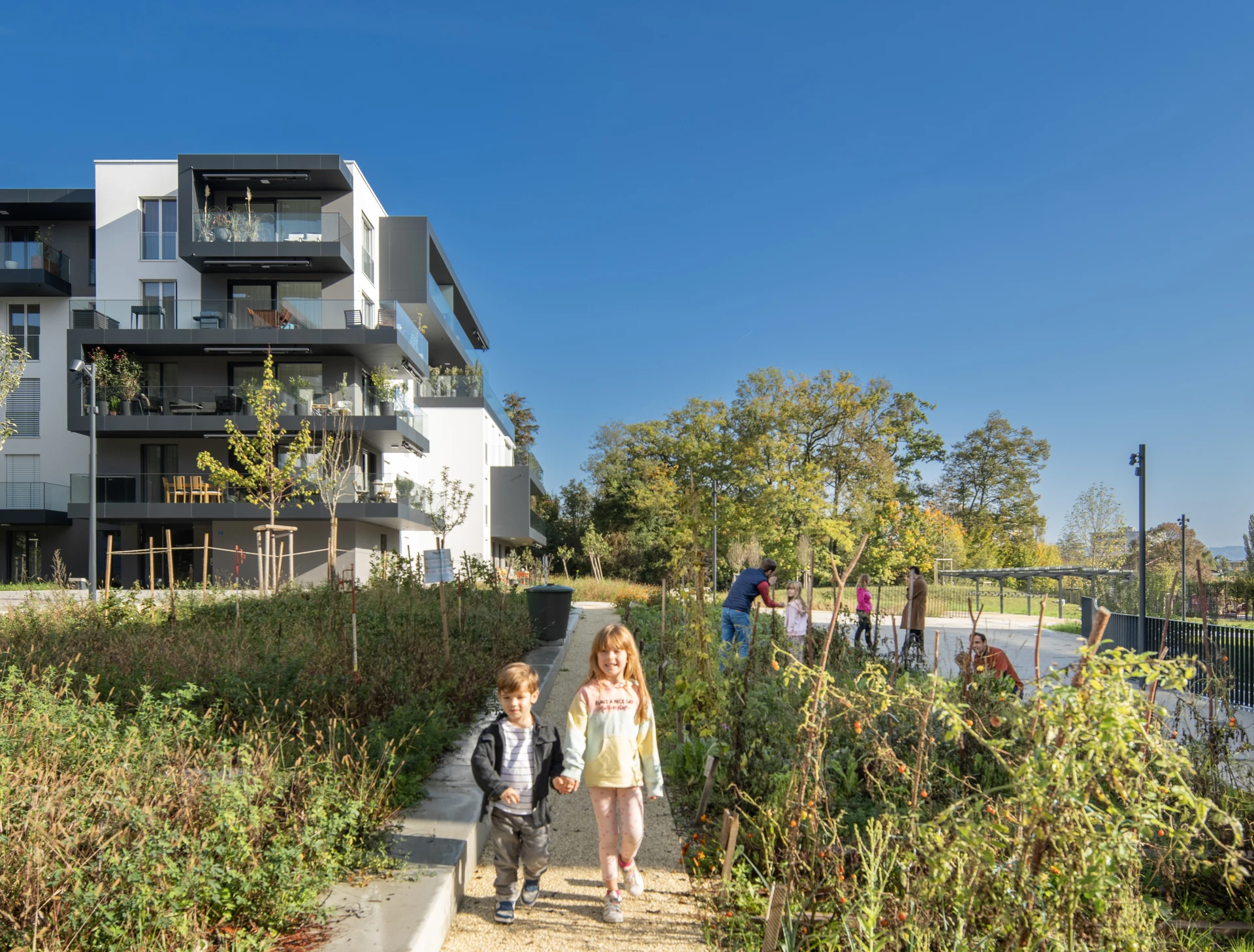 Deux jeunes enfants marchent main dans la main sur un chemin de gravier à travers un jardin communautaire ensoleillé. Des bâtiments résidentiels modernes blancs et gris foncé sont visibles à gauche, avec d'autres personnes profitant de l'espace vert sous un ciel bleu clair.