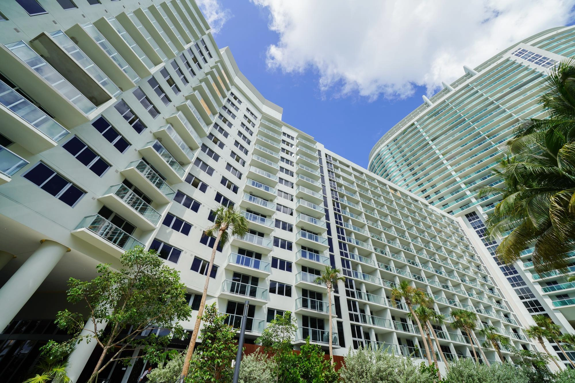 Grand immeuble moderne aux balcons de verre sous un ciel bleu avec des palmiers au premier plan.