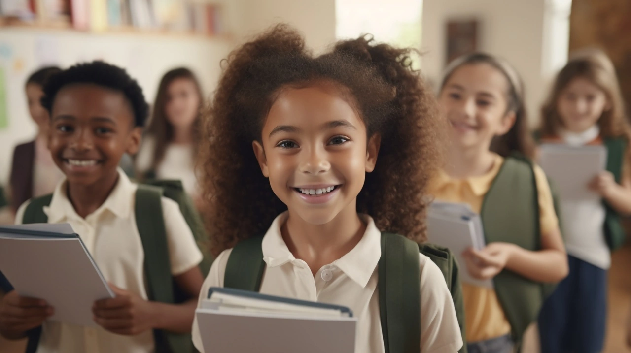 Un groupe d'enfants souriants en uniforme scolaire avec des sacs à dos, dont une jeune fille aux cheveux bouclés au centre tenant des livres et regardant la caméra dans une salle de classe lumineuse.