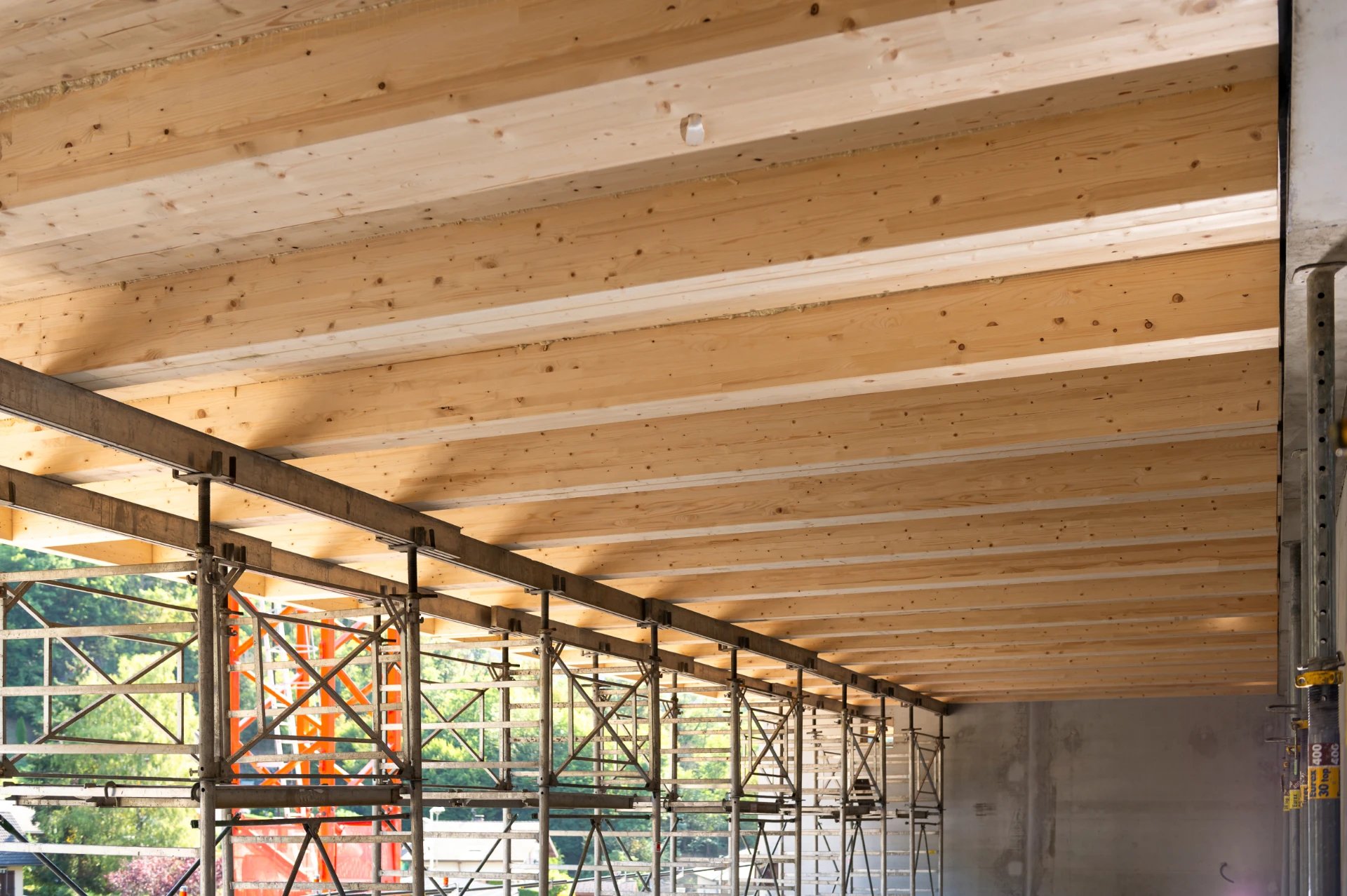 Plafond en bois clair composé de lattes parallèles dans un bâtiment en construction, soutenu par un vaste échafaudage métallique gris. Un mur de béton brut est visible à droite, avec des arbres verts en arrière-plan.