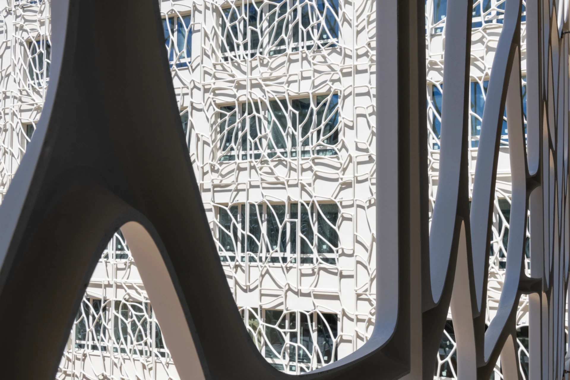 Des formes architecturales sculpturales gris foncé au premier plan encadrent une façade de bâtiment moderne blanche ornée d'un motif complexe et organique en relief, avec des fenêtres bleues visibles derrière.