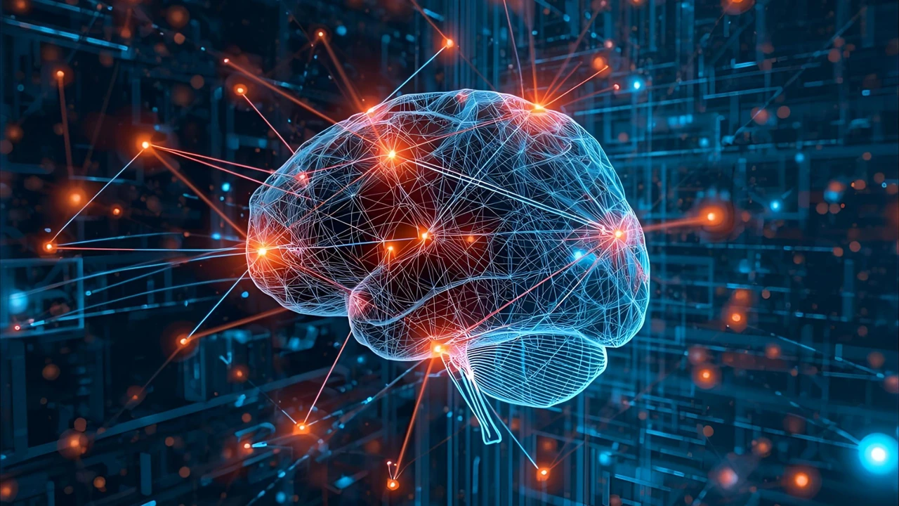Un cerveau humain stylisé en maillage bleu lumineux, avec des points incandescents et des connexions neuronales orange vif sur un fond numérique abstrait bleu foncé. L'image symbolise l'intelligence artificielle ou les réseaux neuronaux.