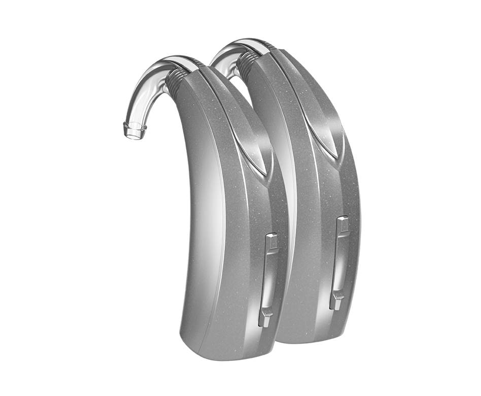 A pair of beige BTE hearing aids