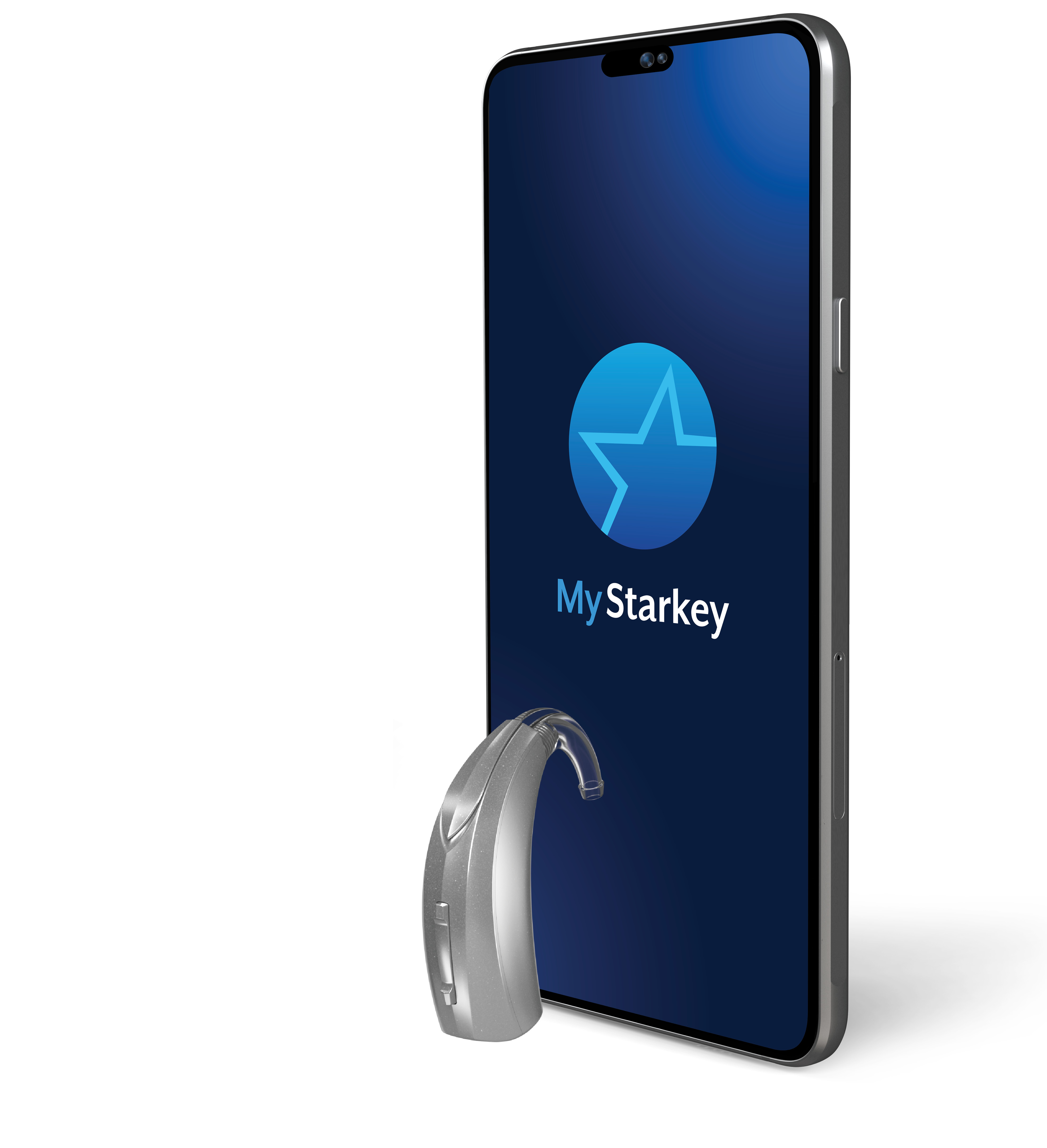 A beige RIC 312 hearing aid next to a smartphone displaying the My Starkey app