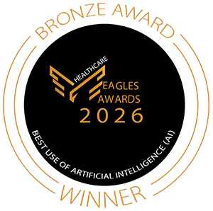Bronze octagonal award badge with a black centre featuring the Healthcare Eagles Awards 2026 logo and the text “Best use of artificial intelligence (AI)”.