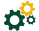 A simple icon showing three interlocking gears in green, orange, and dark green on a white background.