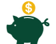 A green piggy bank icon with a gold coin above it on a white background.