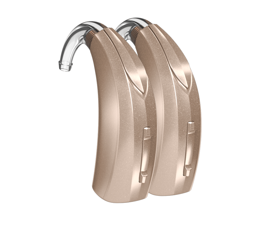 A pair of beige BTE hearing aids