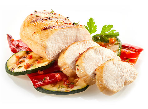Sliced roasted chicken breast with peppers and zucchini.