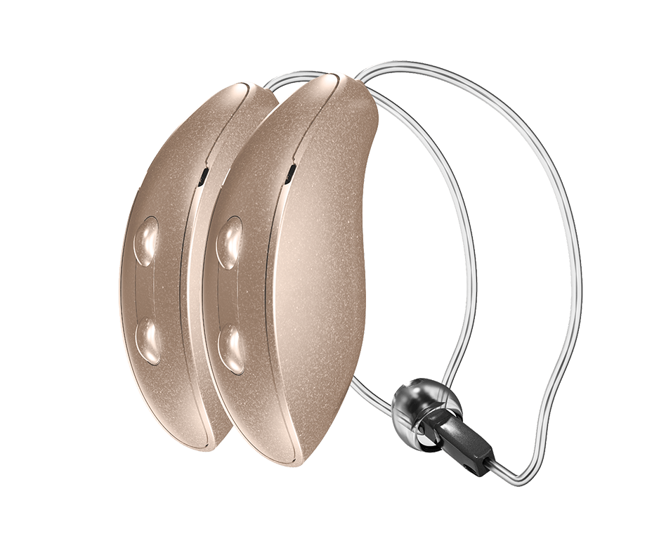 A pair of beige RIC 312 hearing aids