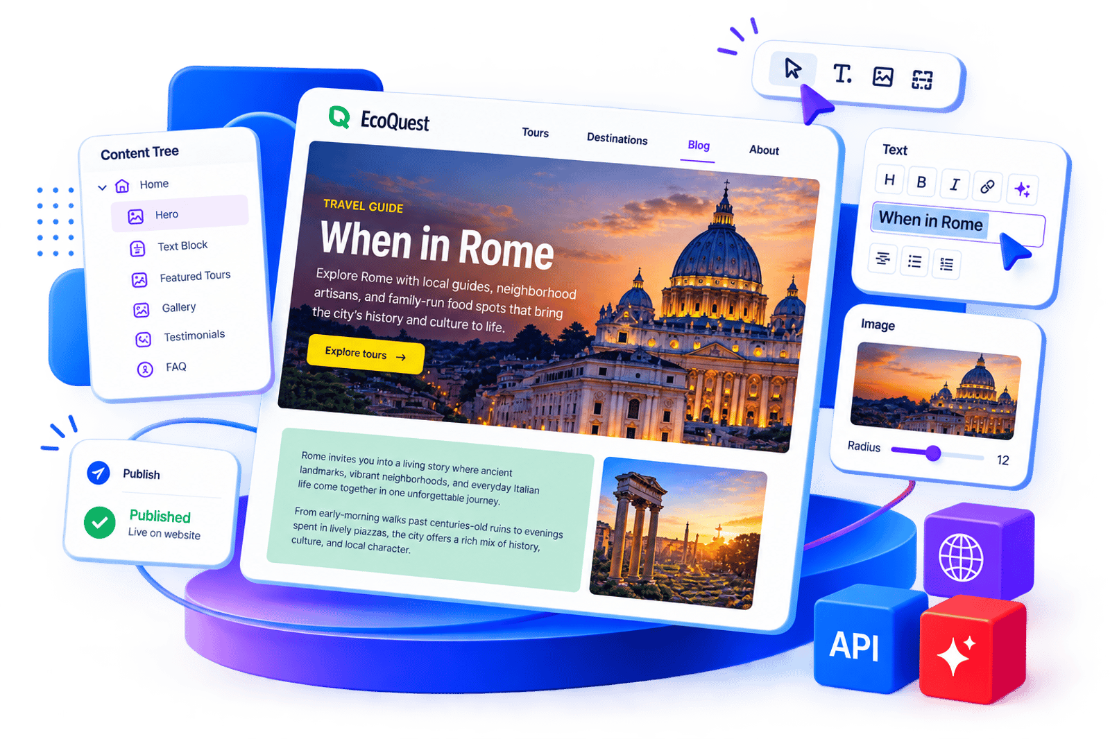 The Uniform CMS composing a travel site page visually, with that page's content navigation, text and image fields, publishing status and API access arranged around the canvas.
