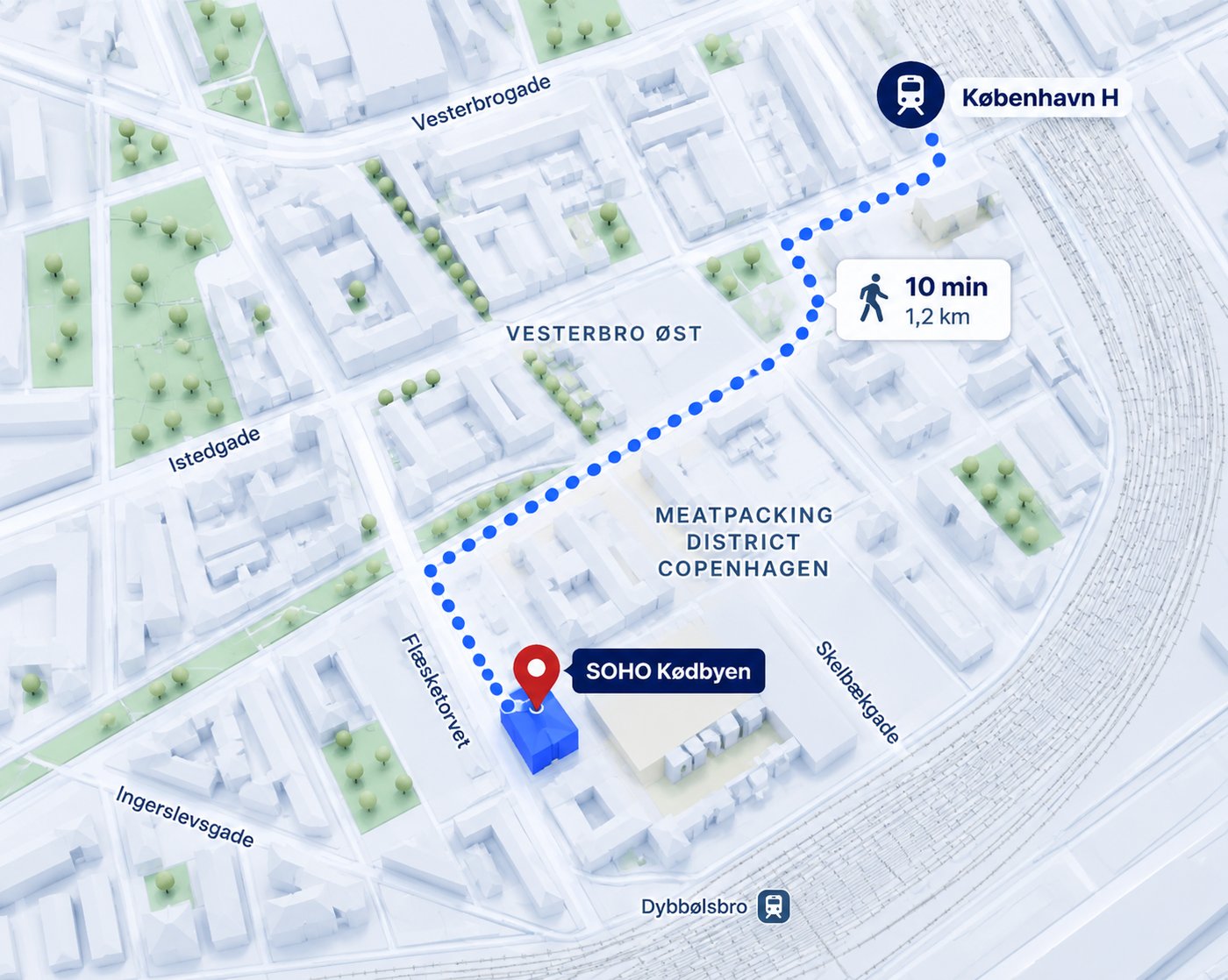 Map of the ten minute walk from København H to SOHO Kødbyen at Flæsketorvet 68, west through Vesterbro Øst into the meatpacking district.