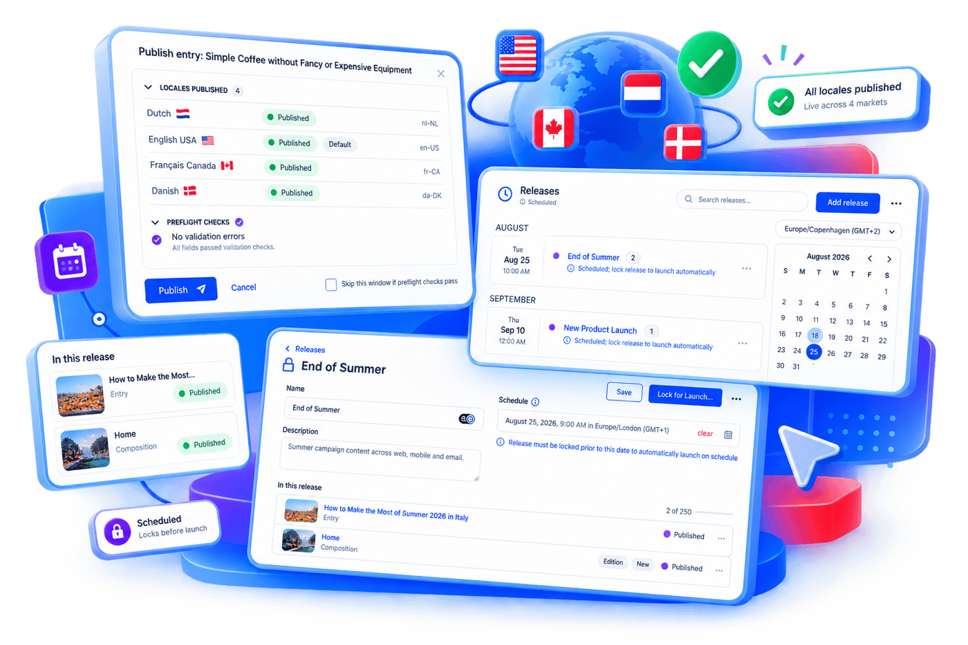 Uniform's publish dialog for one entry: four locales, Dutch, English USA, French Canada and Danish, publish together, and preflight checks confirm no validation errors before the publish button is used.