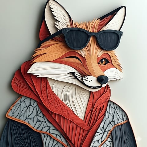 Scout, Uniform's agent, drawn as a fox in layered paper craft wearing dark sunglasses and a red scarf.