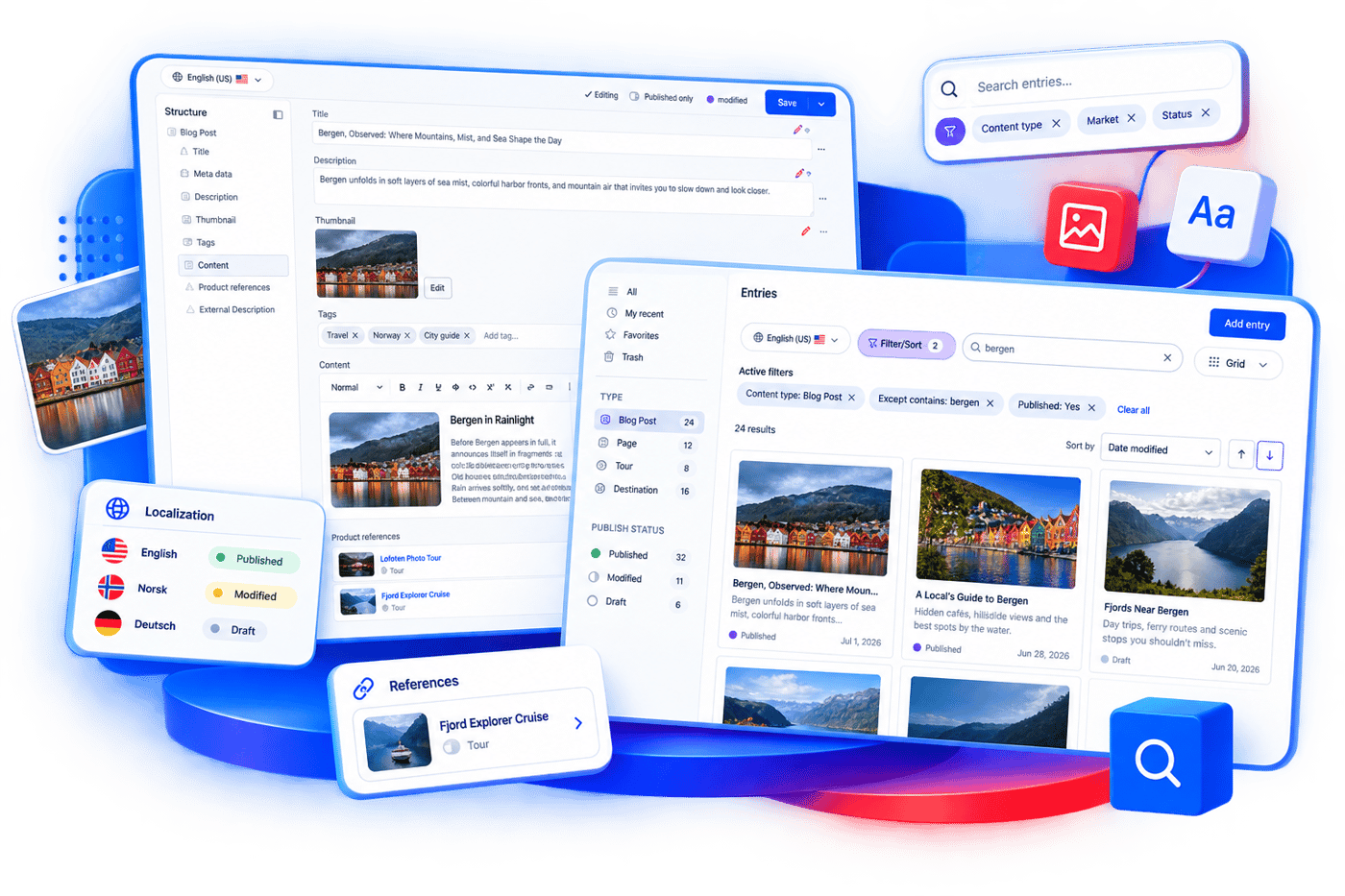 A Uniform entry open for editing: the structure panel on the left lists every field in the entry, the locale switcher is set to English USA, and the fields include a rich text body, tags and typed references to product entries.